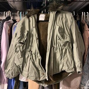 Urban Outfitters Olive Jacket with Faux Fur Lining